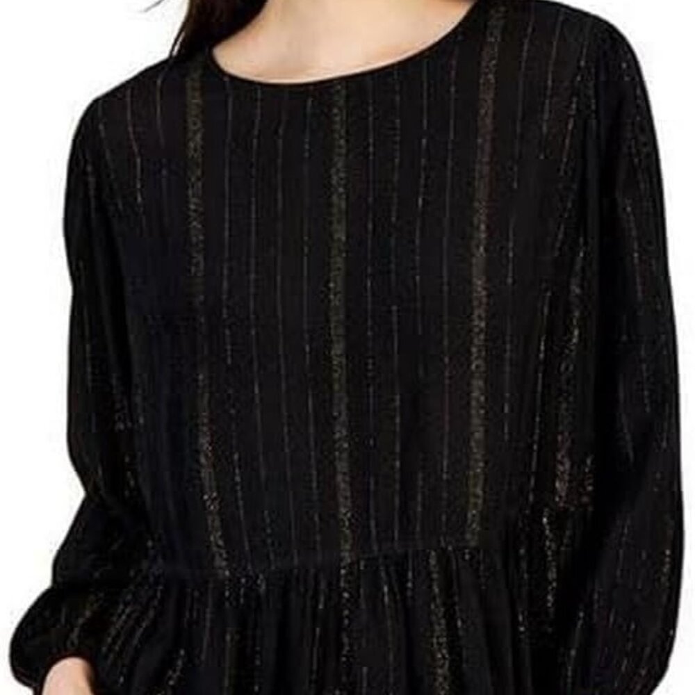 Tommy Hilfiger Women’s Metallic Stripe Peplum Blouse L – Black/Gold